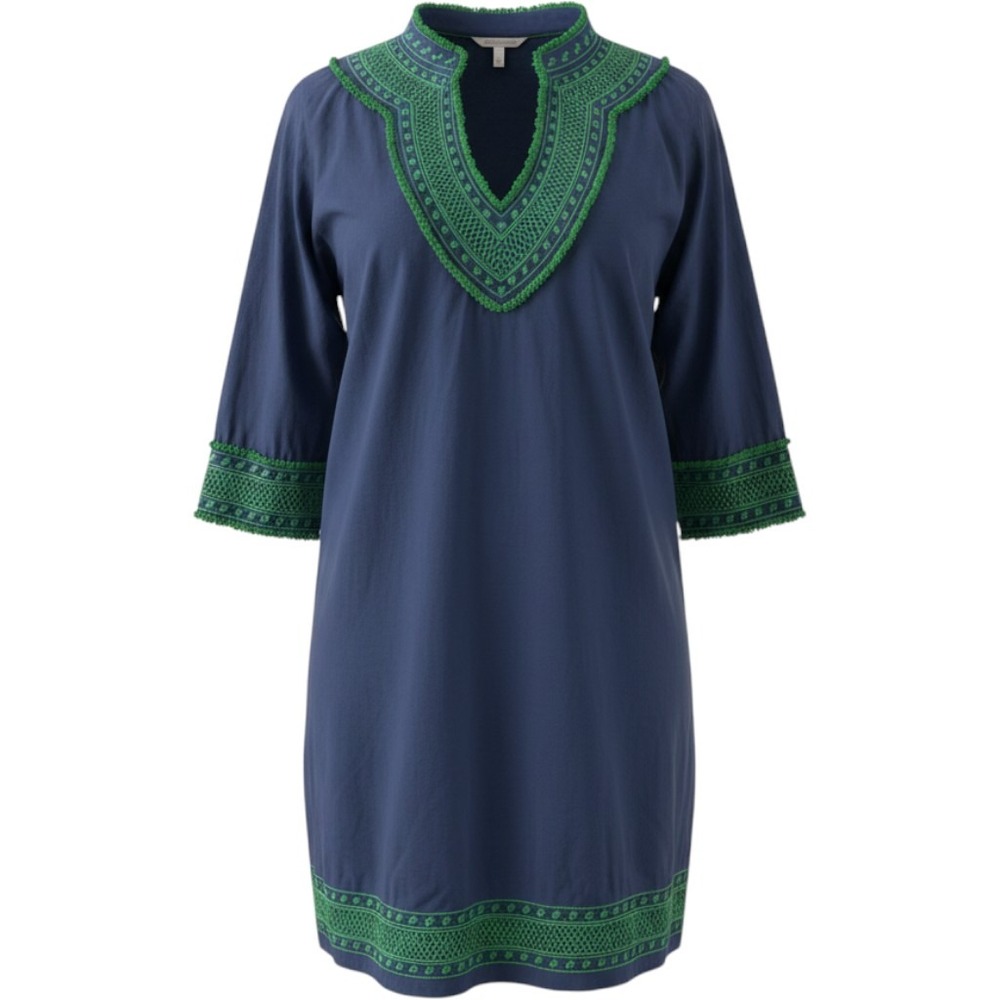 Gretchen Scott Navy Blue Green Embroidered Cotton Tunic Dress Size M Coastl Prep